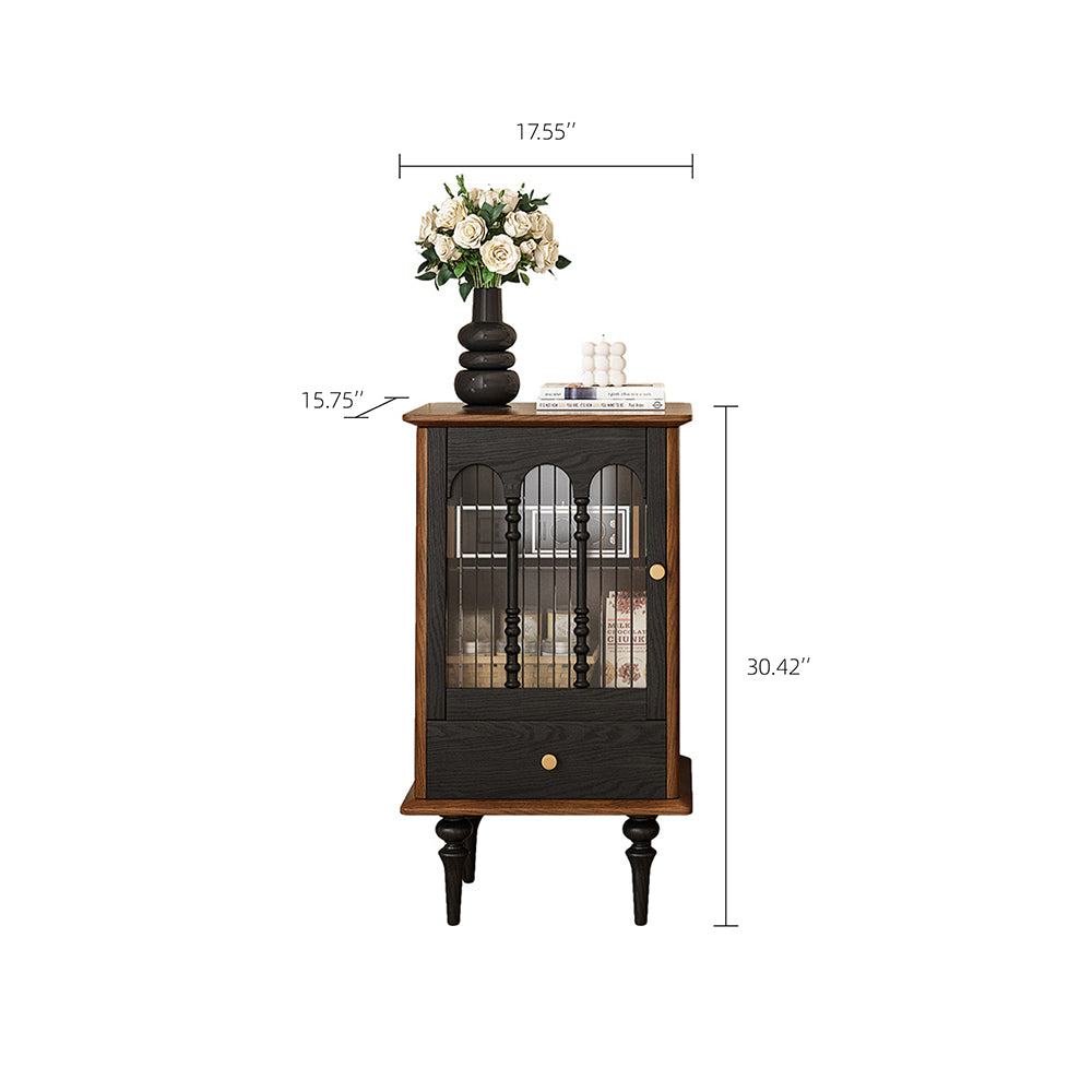 17''Vintage Glass Door Cabinet with Arched Panels | Black and Walnut Finish + Turned Legs + Enclosed Storage