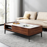 Load image into Gallery viewer, 50&#39;&#39;Modern Rectangular Coffee Table with Drawers | White Marble Top + Walnut Finish + Hidden Storage
