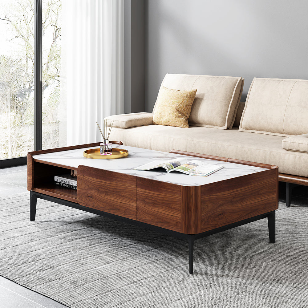 50''Modern Rectangular Coffee Table with Drawers | White Marble Top + Walnut Finish + Hidden Storage