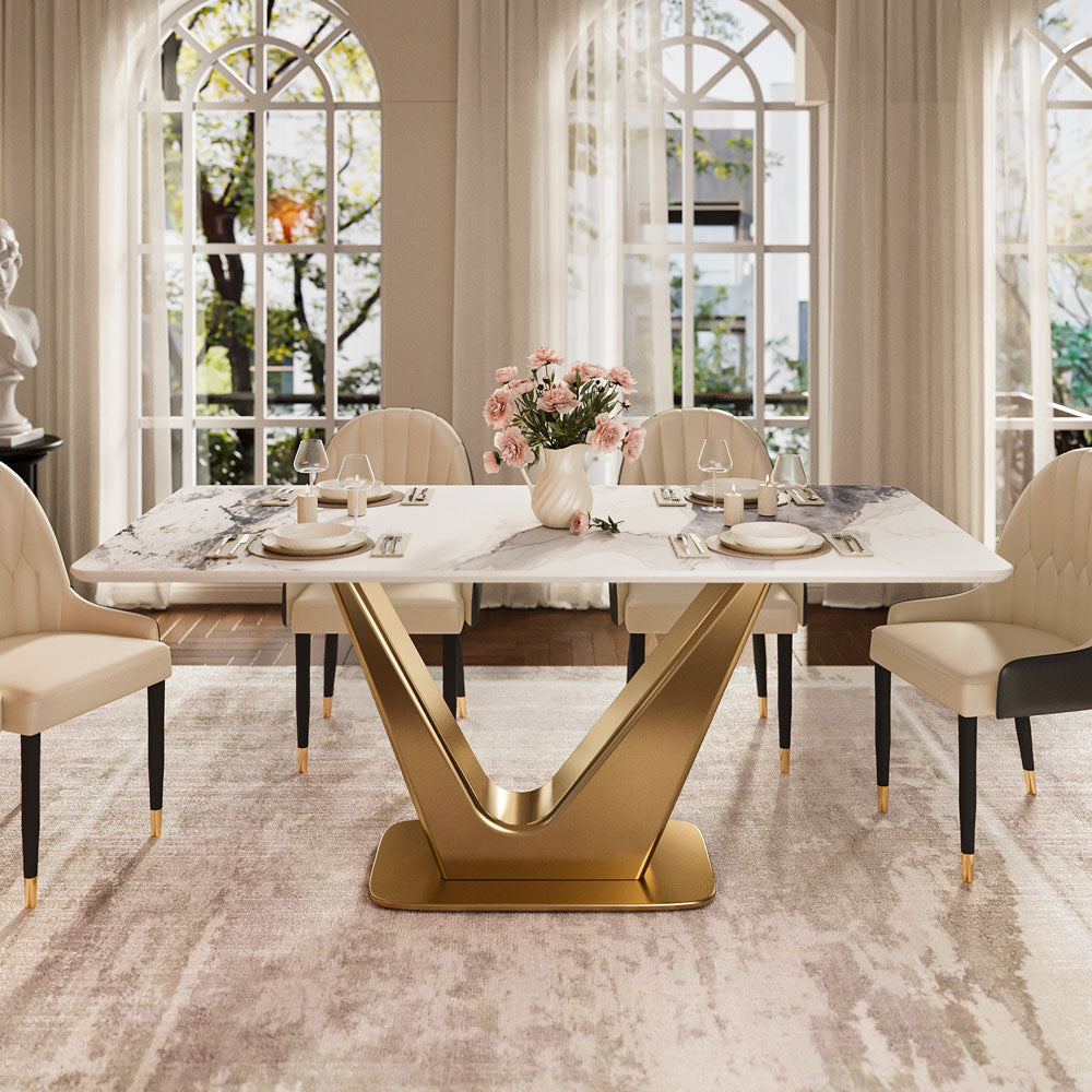 Square Dining Table with Gold V-shaped Base and Exquisite Marble-Look Surface for 4-6 People