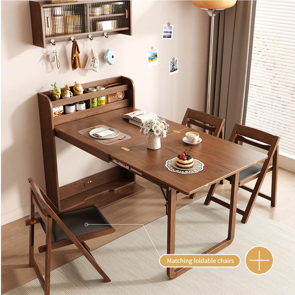 62''Foldable Multifunctional Dining Table Integrated Storage Solid Wood Texture Multi-Scene Fit