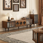 Load image into Gallery viewer, 78.74&quot; Mid-Century Walnut TV Stand Arched Glass Doors Vintage Storage Cabinet Retro Wood Finish

