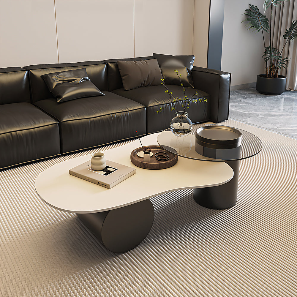 Modern Irregular Coffee Table Set Cloud-Shaped with Glass Accent Top Sculptural Base for Contemporary Living Rooms