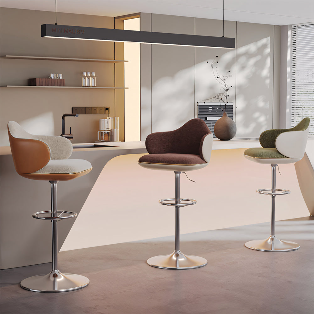 Modern Adjustable Swivel Bar Stool Burgundy Chenille Upholstered Seat Beige Accent Chrome Base Counter Height Bar Chair 1 Piece