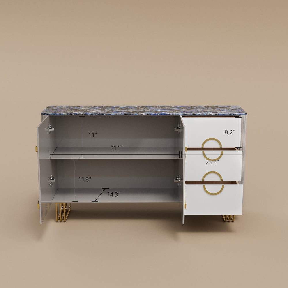 62.4" Sleek Modern White and Gold Buffet Cabinet with Circular Accents