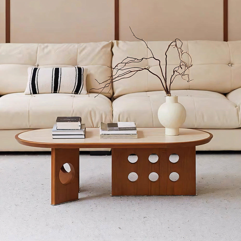 46.8'' Modern Sculptural Oval Coffee Table with Geometric Cutout Base Contemporary Accent Table for Living Room