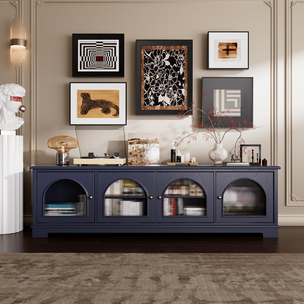 Modern Low-Profile TV Cabinet with Arched Glass Doors Freestanding Storage Console