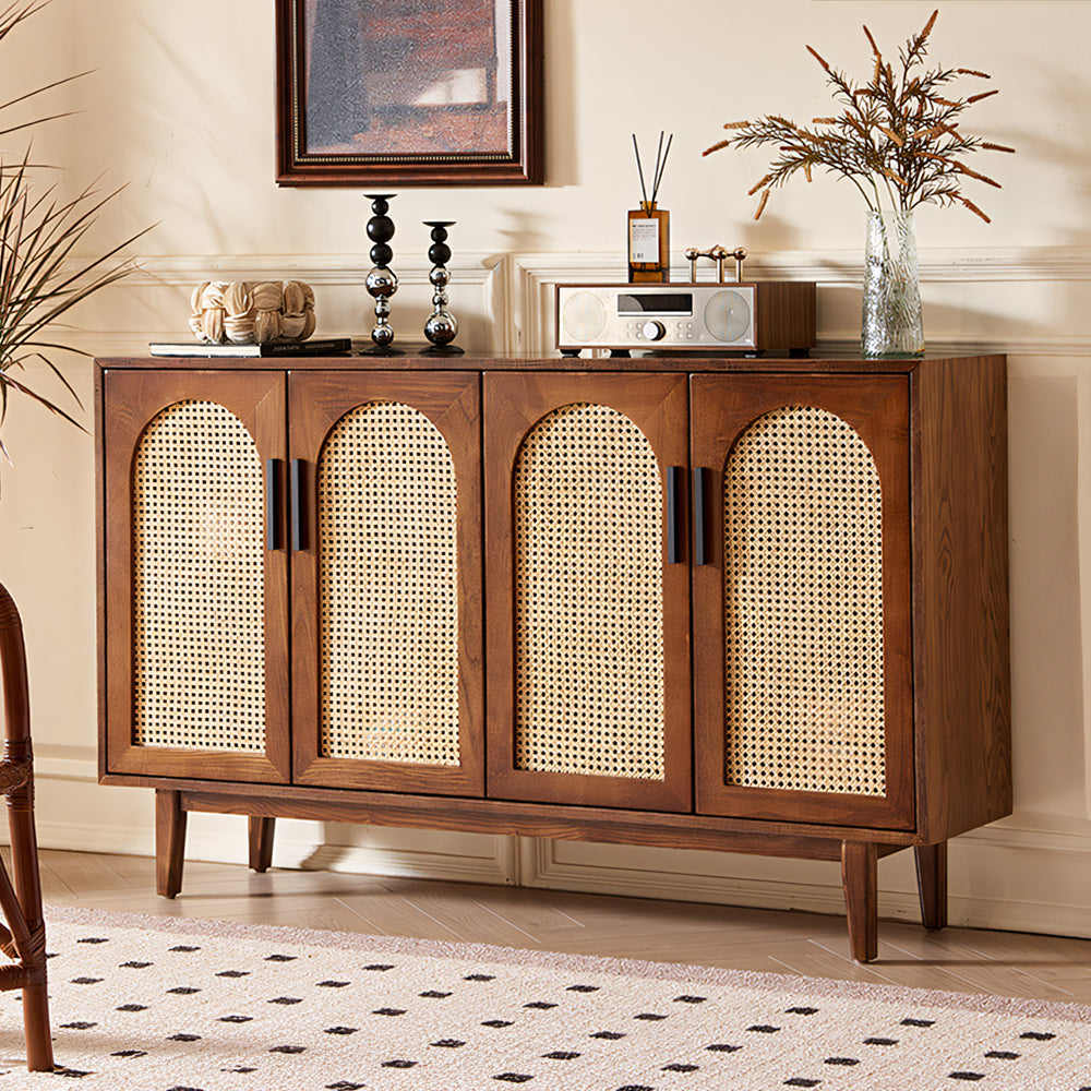 59'' Mid-Century Modern Rattan Door Sideboard Cabinet Solid Wood Buffet Storage Console for Dining Room & Living Room