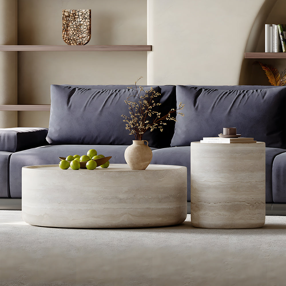 Modern Faux Travertine Round Coffee Table Set Minimalist Stone Texture Nesting Accent Tables