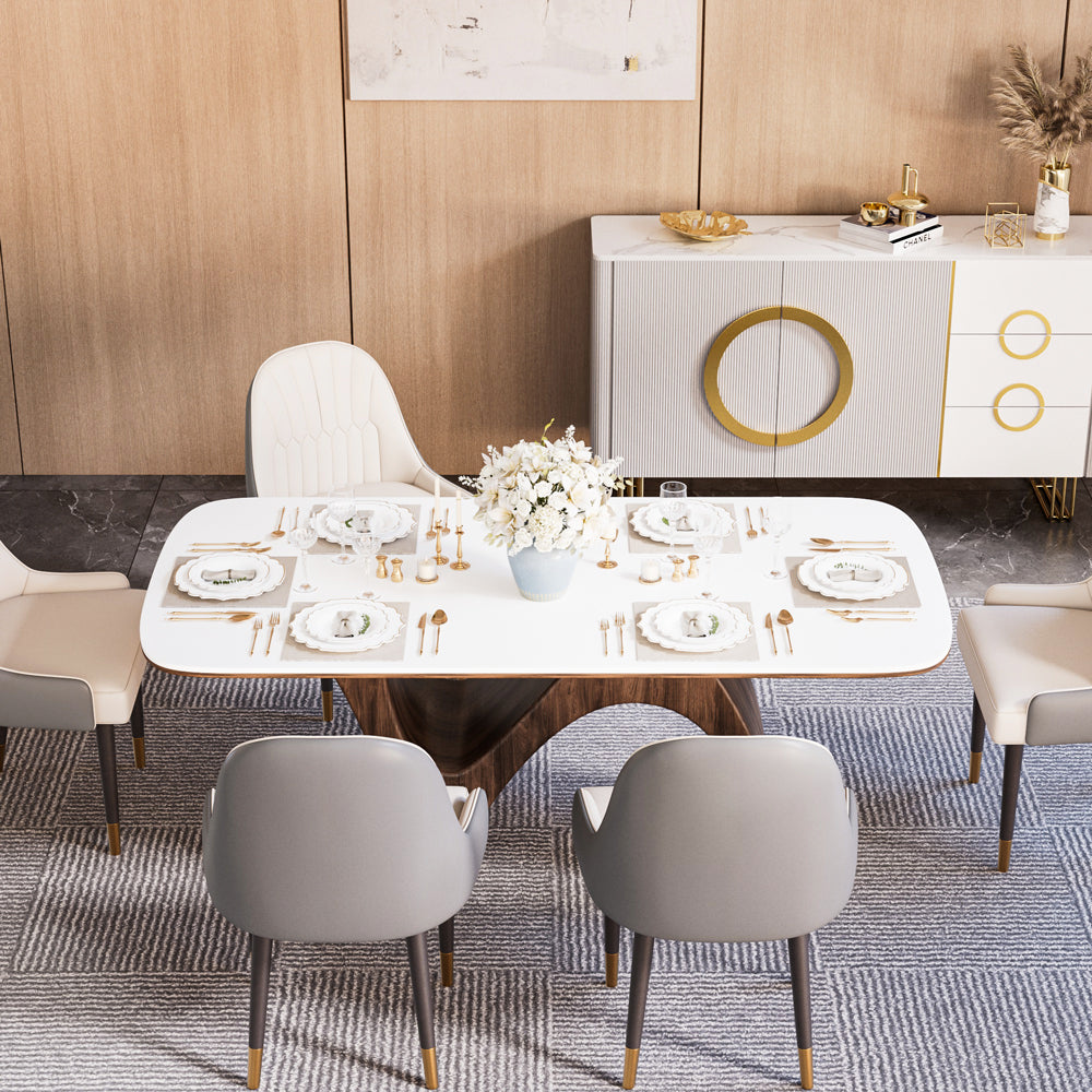 Modern Luxury Dining Set Sculptural Wood & Marble-Effect Table × White-and-Gold Buffet Cabinet