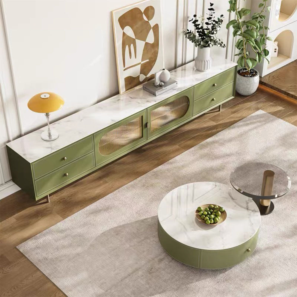 70.87" Modern Green TV Stand with Gold-Ribbed Glass Doors & Storage Drawers