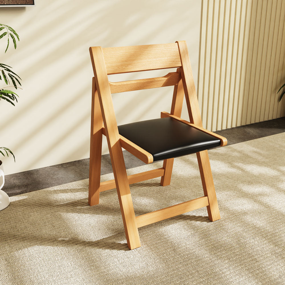 4PCS Folding Chair Solid Wood with Black Leather Seat Space-Saving Durable Elegant Design