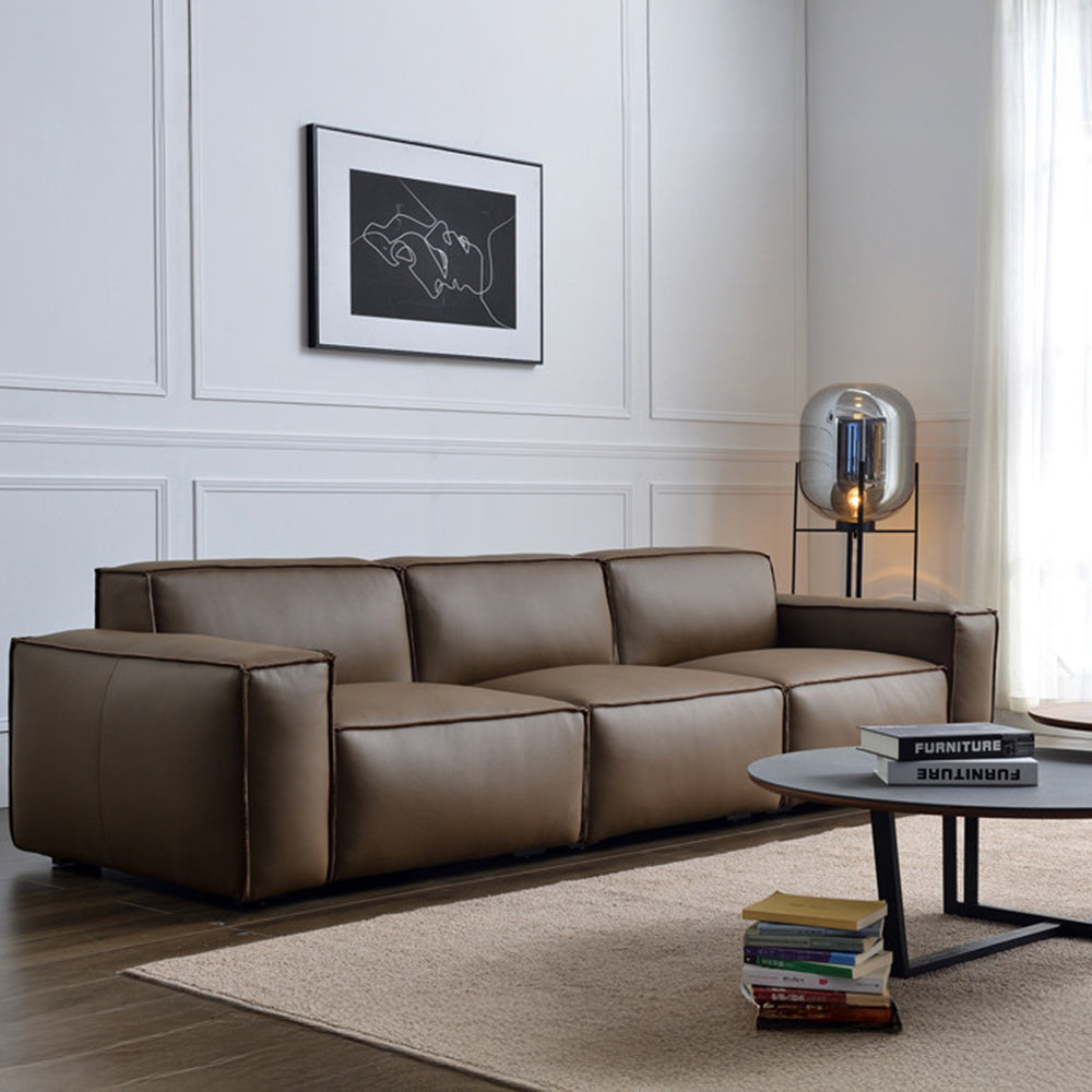Modern Leather Sofa Boxy Low-Profile Design with Wide Arms
