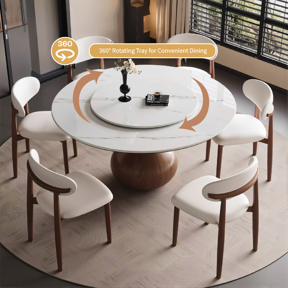 Round Dining Table Wooden Base and Ceramic Stone Top Modern Aesthetic
