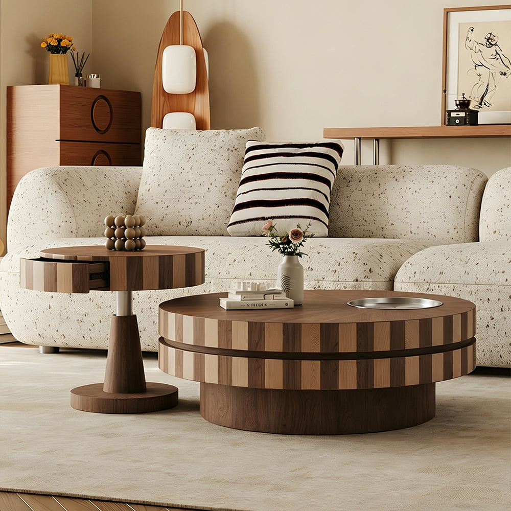 Modern Round Walnut Coffee Table Set Rotating Design Storage Drawer Stainless Steel Tray
