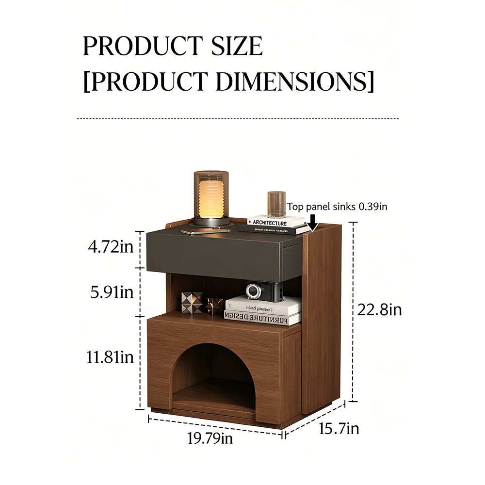 Modern Nightstand with Drawer and Open Shelf Wooden Bedside Table with Built-in Pet House Contemporary Storage Cabinet