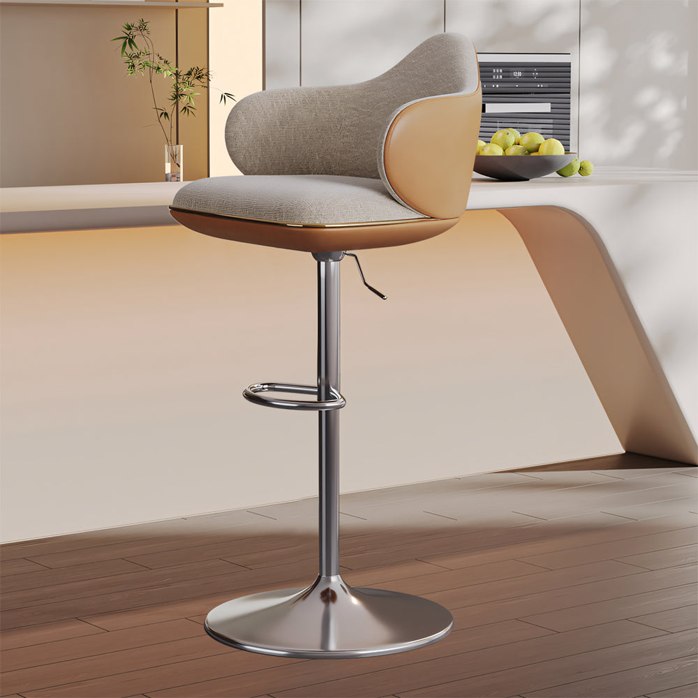 Modern Adjustable Swivel Bar Stool Burgundy Chenille Upholstered Seat Beige Accent Chrome Base Counter Height Bar Chair 1 Piece