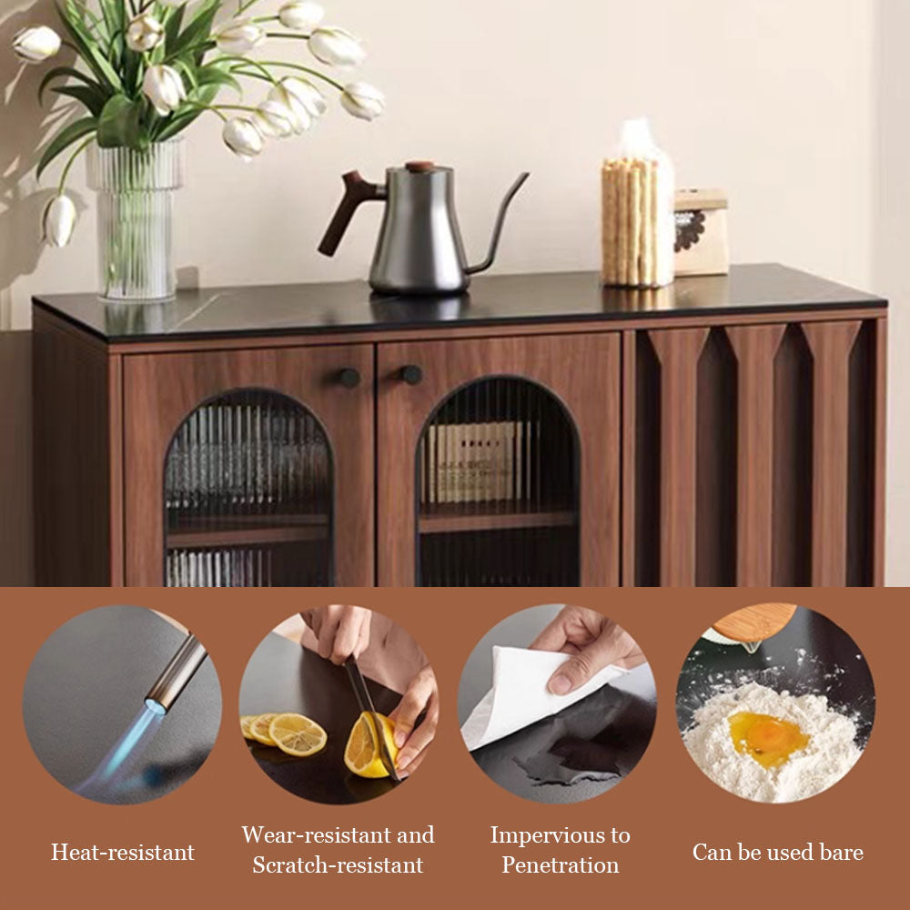 35.4'' Modern Walnut Sideboard with Arched Fluted Glass Doors Buffet Cabinet with Carved Panels & Metal Legs