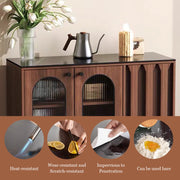 35.4'' Modern Walnut Sideboard with Arched Fluted Glass Doors Buffet Cabinet with Carved Panels & Metal Legs