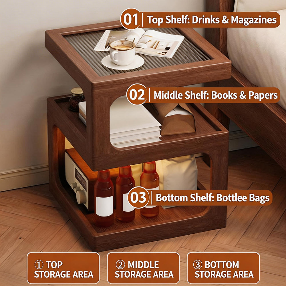 Modern Solid Wood Bedside Table with Fluted Glass Top Multi Layer Storage Nightstand