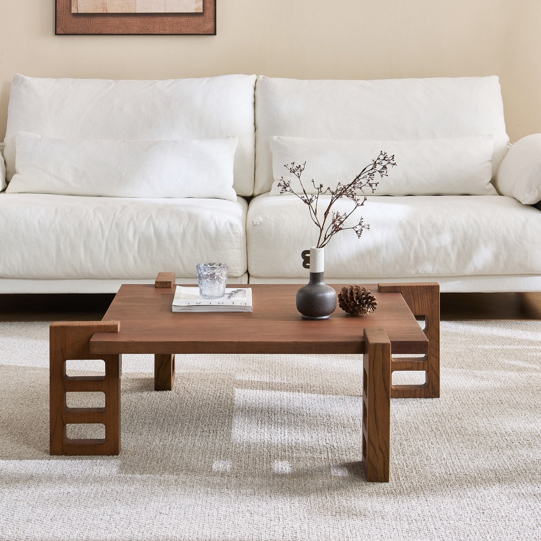 39.78" Mid-Century Coffee Table Natural Red Oak Retro Wood Finish Fluted Design