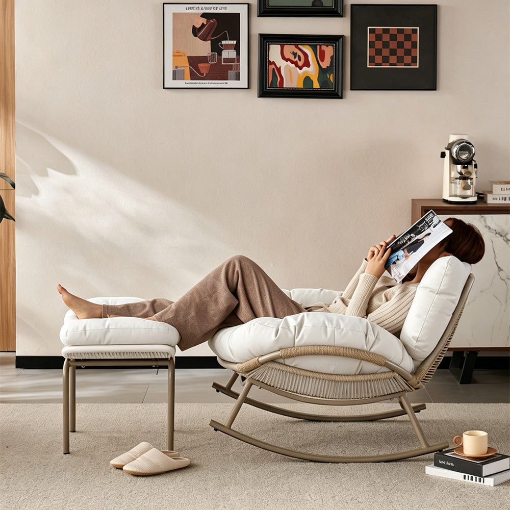 Modern Outdoor Rocking Lounge Chair with Cushioned Seat and Woven Base