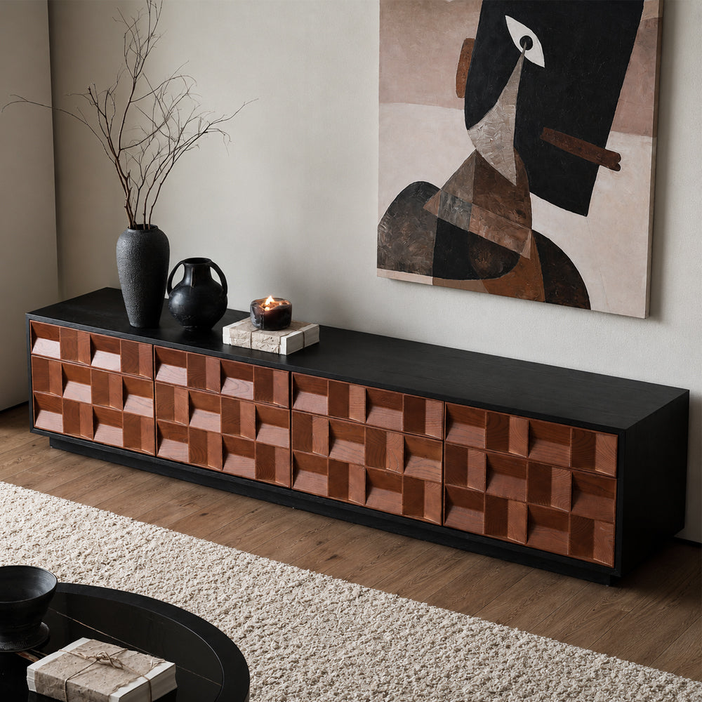 86.6'' Geometric 3D Pattern Walnut TV Stand Cabinet With Drawers