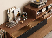 Modular TV stand showing open shelving and concealed storage compartments